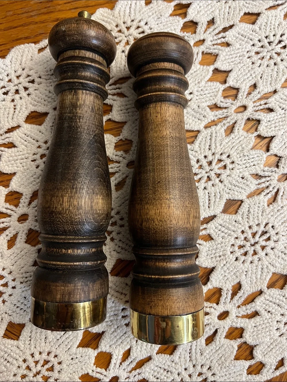 Vintage MCM Wooden Salt shake and Pepper Mill Set with Brass Accents - Brown